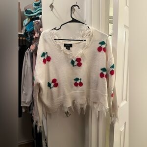White Cherry-Print Distressed V-Neck Sweater